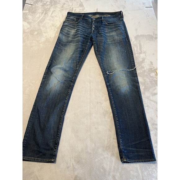 G Star Raw Jeans Men’s 36 X 38 Blue Dark Wash Straight Leg Button Fly Distressed - Picture 1 of 14